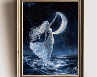 Selene, Goddess of the Moon Matte Print, Moody Dark Academia Wall Art, Celestial Goddess Art, Greek Mythology Lover,  Moon Goddess Art Gift