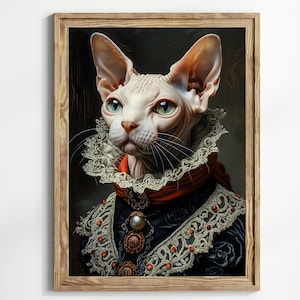 Regal Sphynx Cat Portrait Wall Art Print, Funny Noble Pet Painting, Renaissance Cat Lover Home Decor