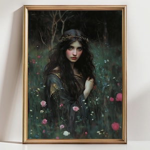 May include: A framed portrait of a woman in a field of flowers. The woman has long dark hair and wears a gold crown. She is dressed in a dark gown. The painting has a vintage aesthetic with a gold frame.