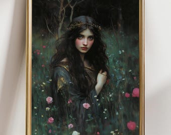Dark Forest Maiden Wall Art – Ethereal Woman Portrait Print, Enchanted Fantasy Floral Painting, Mystical Woodland Decor