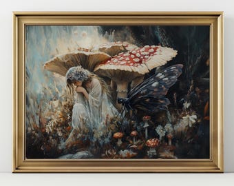 Fairy Under Mushroom Art Print Enchanted Forest Painting Fantasy Woodland Wall Decor Mystical Faerie Artwork