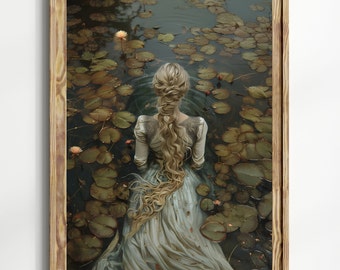 Ophelia Dark Academia Print - The Lake, Goth Moody Victorian Wall Art, Dark Decor Aesthetic, Dark Cottagecore, Gothic Prints into lake