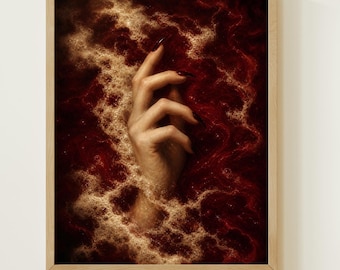 Dark Feminine Hand Emerging from Red Waves Wall Art Print, Gothic Moody Bedroom Decor, Witchy Aesthetic Poster