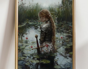 Fantasy Warrior Woman Sword Wall Art Print, Dark Cottagecore Medieval Knight Decor, Moody Mystical Feminine Art Gift