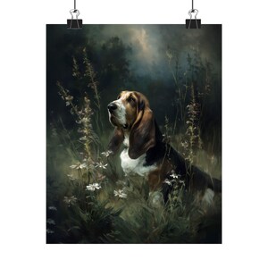 Basset Hound Wall Art, Dark Floral Dog Print, Moody Pet Portrait Poster bild 2