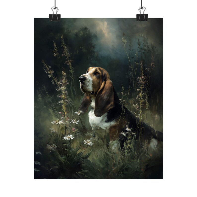 Basset Hound Wall Art, Dark Floral Dog Print, Moody Pet Portrait Poster bild 2
