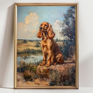 Cocker Spaniel Art Print – English Cocker Spaniel Landscape Painting, Rustic Dog Wall Art, Countryside Pet Portrait, Dog Lover Gift