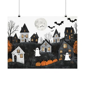 Halloween Town Folk Art Print Halloween Ghost Wall Art, Halloween ...