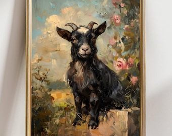 Whimsical Goat in Floral Field Art Print, Cottagecore Farm Animal Wall Decor, Rustic Goat Painting, Country Pasture Artwork