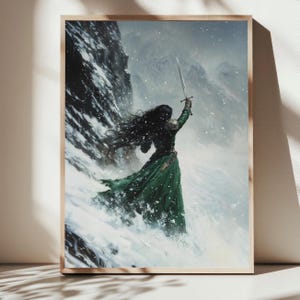 Snow Warrior Woman Wall Art Print, Fantasy Sword Heroine in Mountains, Epic Battle Scene Gothic Decor