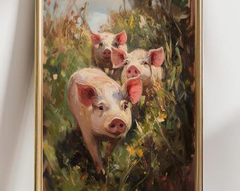 Three Little Pigs Wall Art – Whimsical Piglet Print, Cute Farm Animal Decor, Rustic Nursery Poster, Funny Country Style Pig Painting