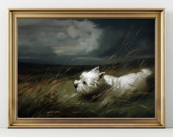 Lámina artística de West Highland White Terrier – Pintura de perro Westie – Arte mural de perro con paisaje melancólico – Retrato de mascota en un campo ventoso – Decoración rústica para el hogar