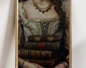 May include: A framed vintage-style print depicts a person in a white dress holding a stack of antique books. The books have ornate covers in shades of red, blue, and gold. A gold necklace and a corset-style bodice are also visible.