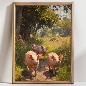 Farm Pig Wall Art – Whimsical Country Piglets Painting – Rustic Animal Print for Farmhouse Decor – Happy Pigs in Nature Landscape