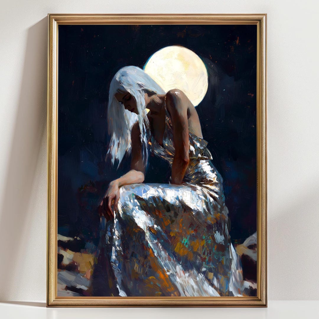 Moon Goddess Wall Art Print, Celestial Woman Painting, Lunar Fantasy ...