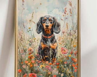 Dachshund Wall Art Print – Long-Haired Wiener Dog in Wildflowers, Floral Dog Lover Gift, Pet Decor
