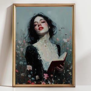 Victorian Woman Reading in Floral Field – Dark Romantic Portrait Wall Art, Feminine Vintage Aesthetic Print, Literary Cottagecore Decor