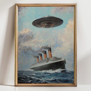 UFO Titanic Surreal Art Print, Eclectic Wall Art, Aliens Decor, Aliens Spaceship Art, Funny Altered Art Print UFO Wall Alien Art Print