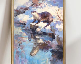 Otter in Snow Art Print, Colorful Wildlife Painting, Cute Animal Wall Art, Nature Lover Gift, Whimsical Otter Home Decor