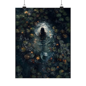 Mermaid Dark Academia Print - The Lake, Goth Moody Victorian Wall Art, Dark Decor Aesthetic, Dark Cottagecore, Gothic Prints into lake image 6
