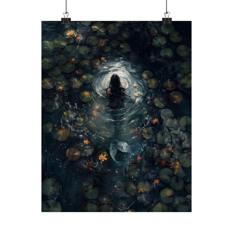 Mermaid Dark Academia Print - The Lake, Goth Moody Victorian Wall Art, Dark Decor Aesthetic, Dark Cottagecore, Gothic Prints into lake image 6