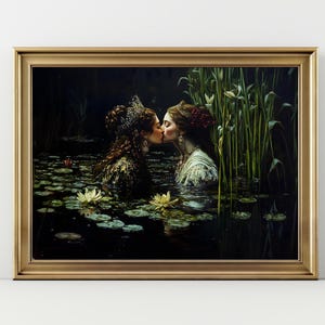 Lesbian Queens Kiss Wall Art | Gothic Romance Painting | Fantasy Women in Love Print | Fairytale LGBT Decor