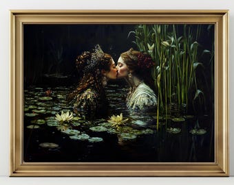 Lesbian Queens Kiss Wall Art | Gothic Romance Painting | Fantasy Women in Love Print | Fairytale LGBT Decor
