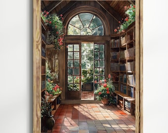 Cozy Library Garden Wall Art, Sunlit Reading Room Print, Cottagecore Interior Artwork, Vintage Book Nook Decor, Rustic Home Illustration