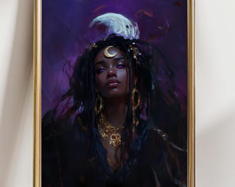 May include: A framed portrait of a woman with dark hair and purple eyes, adorned with gold jewelry and a crescent moon headpiece. The background features a celestial theme with a white moon and shades of purple.