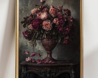 Dark Moody Peony Vase Print, Vintage Floral Still Life Wall Art, Gothic Botanical Decor, Dark Romantic Flower Poster Forestcore Cottagecore