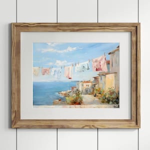 Mediterranean Coastal Wall Art – Clothesline by the Sea Canvas, Sunny Seaside Village Painting, Coastal Italy Greece Decor Print