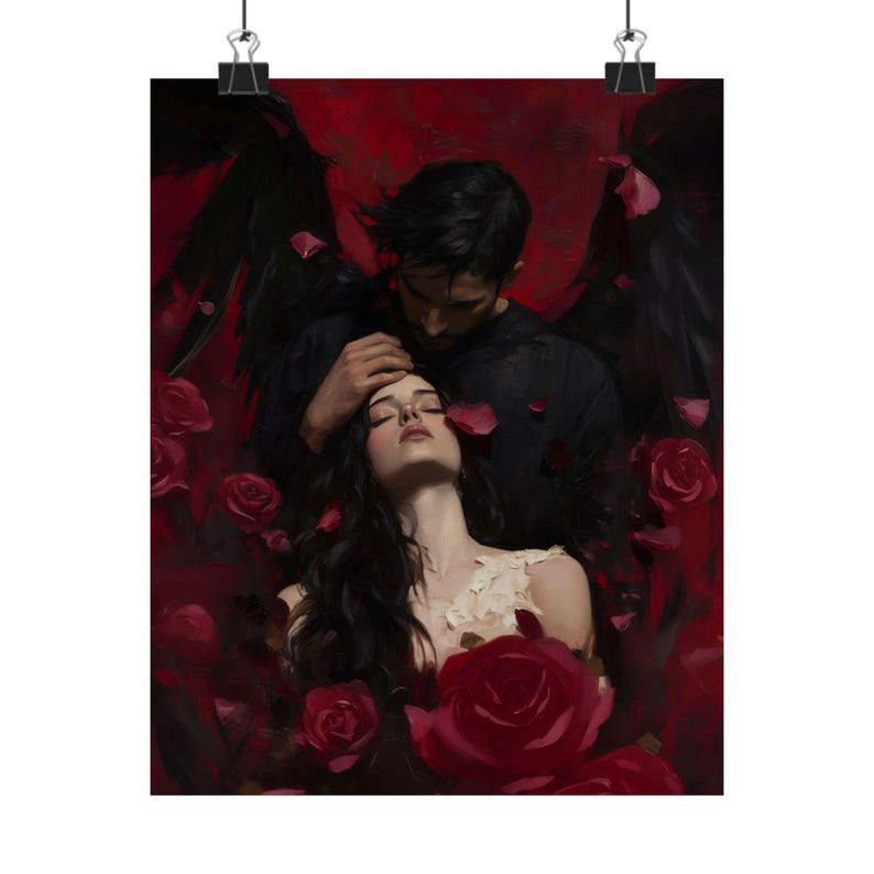 Dark Romance Wall Art, Angel Demon Love Painting, Gothic Couple Print, Red Rose Fantasy Art, Moody Romantic Decor image 2
