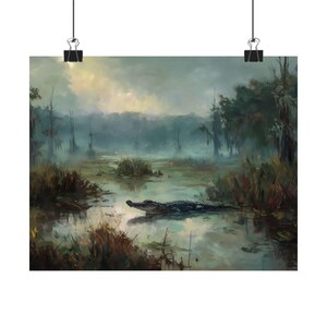 Alligator Swamp Wall Art – Moody Wildlife Landscape Print, Foggy Southern Bayou Painting, Gator Nature Decor for Rustic Homes image 2