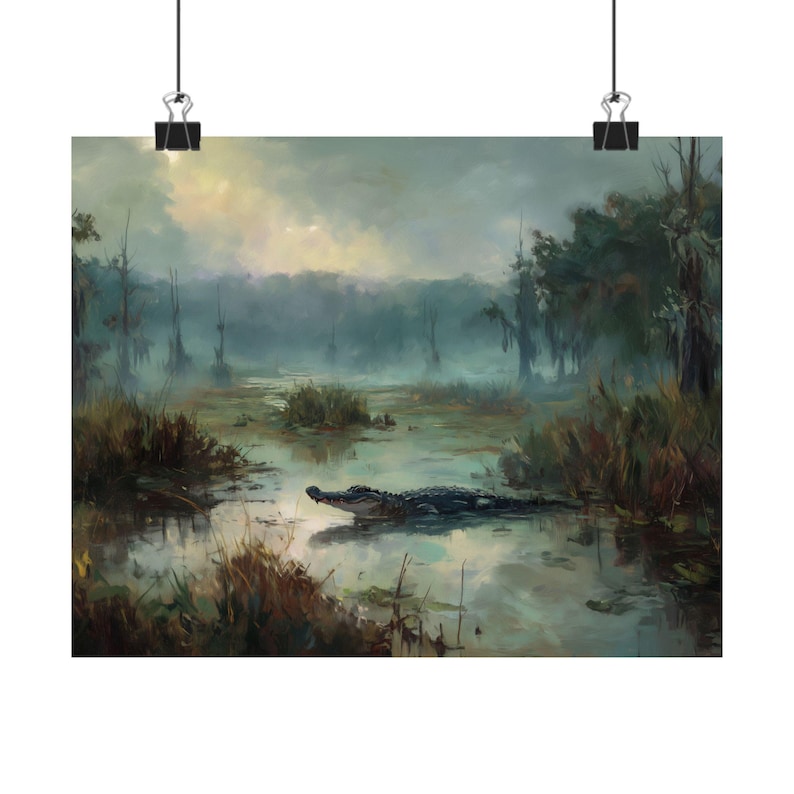 Alligator Swamp Wall Art – Moody Wildlife Landscape Print, Foggy Southern Bayou Painting, Gator Nature Decor for Rustic Homes image 2