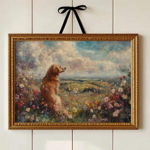 Golden Retriever in Wildflower Meadow Art Print – Peaceful Dog Landscape Wall Decor – Countryside Pet Illustration – Dog Lover Gift