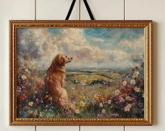 Golden Retriever in Wildflower Meadow Art Print – Peaceful Dog Landscape Wall Decor – Countryside Pet Illustration – Dog Lover Gift