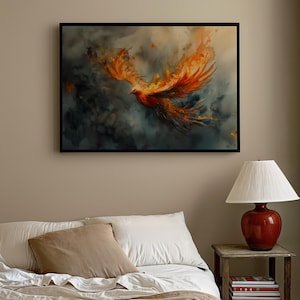 Moody Fire Phoenix Watercolor Art  Poster Print fantasy art Phoenix Firebird Fantasy Painting, Watercolor illustration Dark Academia