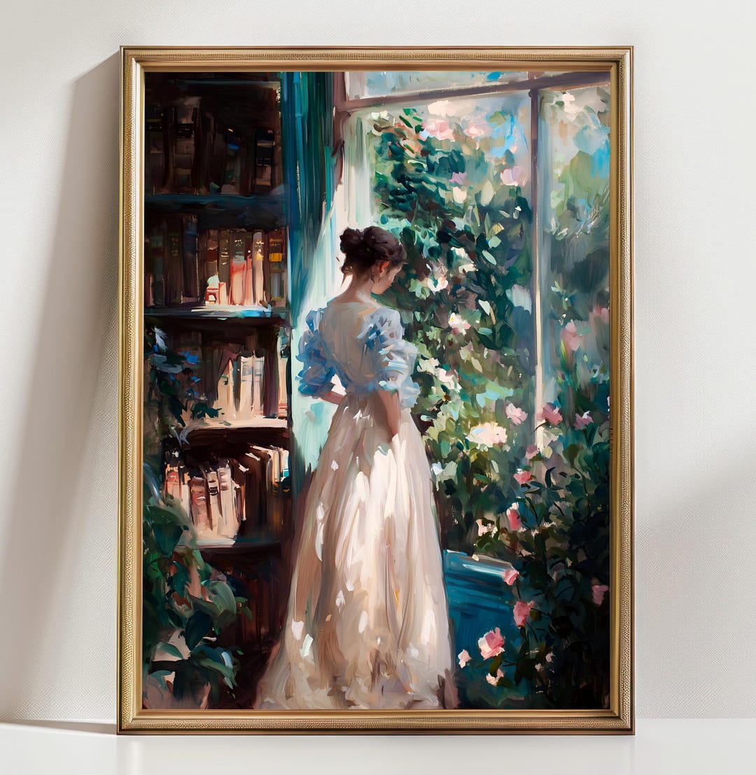 Romantic Library Wall Art Print, Vintage Woman Reading Painting ...