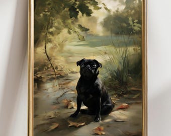 Black Pug Art Print, Woodland Dog Painting, Pug Wall Art, Rustic Cottagecore Pet Portrait, Enchanted Forest Dog Decor