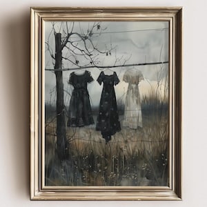 Laundry on a line Gothic Victorian Decor Laundry Room Art Dark Cottagecore Moody Painting Print farmhouse wall decor Goth Dark decor