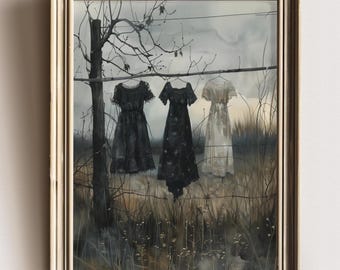 Laundry on a line Gothic Victorian Decor Laundry Room Art Dark Cottagecore Moody Painting Print farmhouse wall decor Goth Dark decor