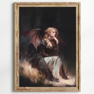 Dark Fantasy Gothic Wall Art Print, Enchanted Angel Demon Girl with Wings, Victorian Gothic Decor, Witchy Fairy Artwork