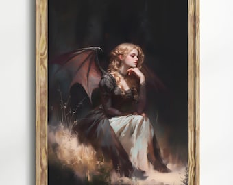 Dark Fantasy Gothic Wall Art Print, Enchanted Angel Demon Girl with Wings, Victorian Gothic Decor, Witchy Fairy Artwork