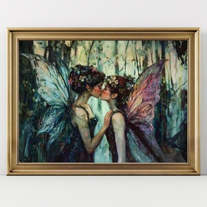 Romantic Fairy Kiss Wall Art – Enchanted Lesbian Fairies in Magical Forest, Whimsical Fantasy Artwork