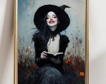 Gothic Witch Wall Art: Woman Reading Book, Dark Fantasy Print