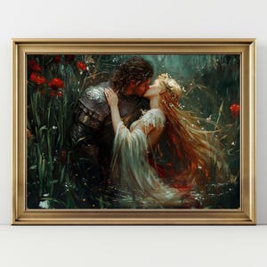 Knight and Maiden Kiss Art Print – Romantic Fantasy Wall Art, Medieval Love Poster, Fairytale Couple Illustration Decor