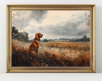 May include: Watercolor painting of a golden retriever dog sitting in a field of tall grass, framed in a gold frame. The dog is facing right, with a dark collar. The background features a cloudy sky and a distant landscape.