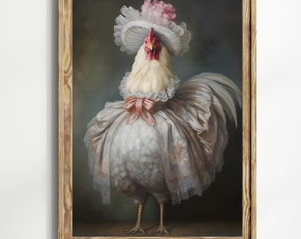 Peut inclure: Un coq blanc portant un chapeau rose et blanc et une robe blanche avec un nœud rose. Le coq est debout sur une surface brune et a un fond sombre.