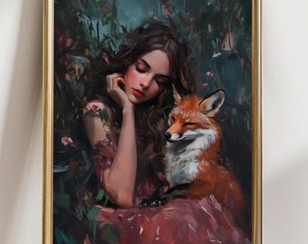 Fox and Girl Art Print – Whimsical Forest Companion Painting – Dreamy Fairytale Wall Decor