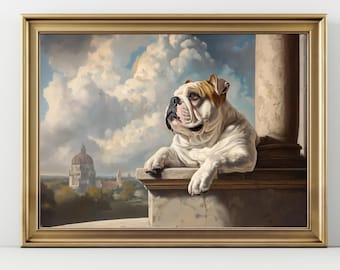 English Bulldog Painting, Regal Dog Wall Art, Classical Architecture Dog Portrait, Vintage Style Animal Artwork, Elegant Home Decor